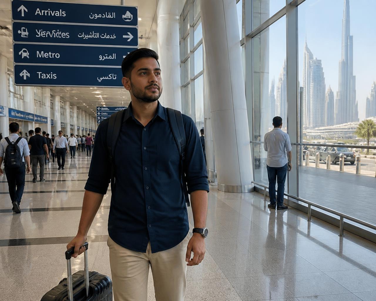 A jobseeker arriving at a UAE airport with luggage